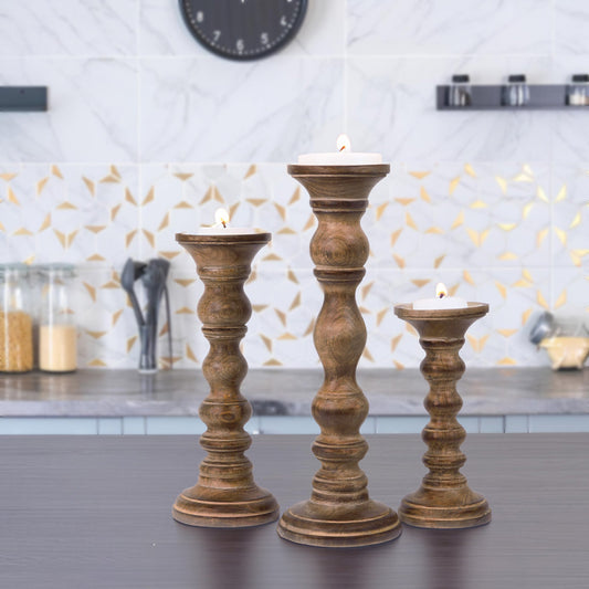 Willow Deep Brown Pillar Large Candleholder Set