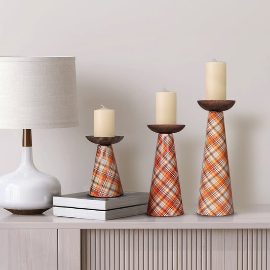 Plaid Pillar Candleholder Set - Ochre