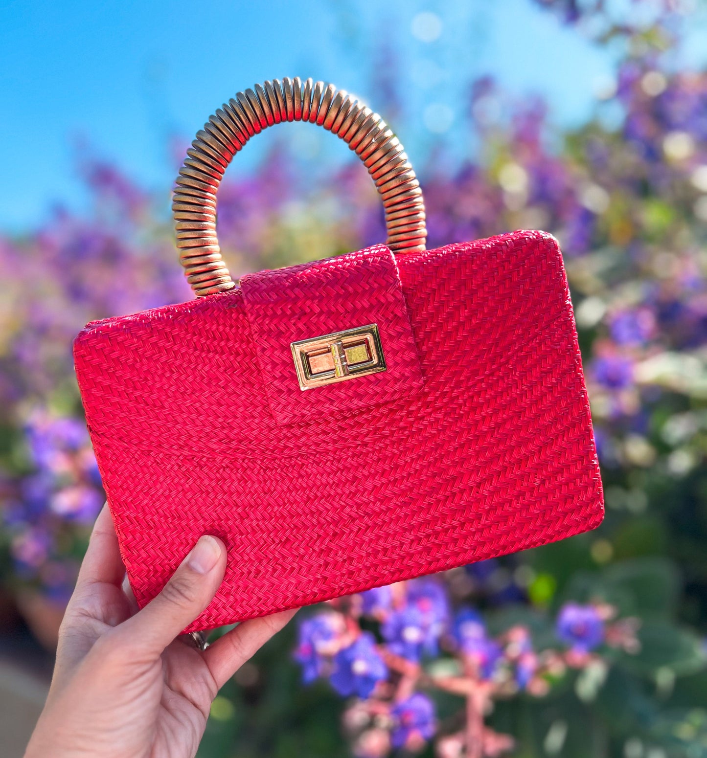 THE GRACIE Red & Gold Woven Buntal Straw Clutch Bag