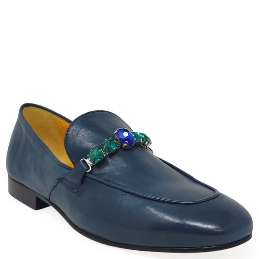 Blue Leather Flat Jeweled Loafer