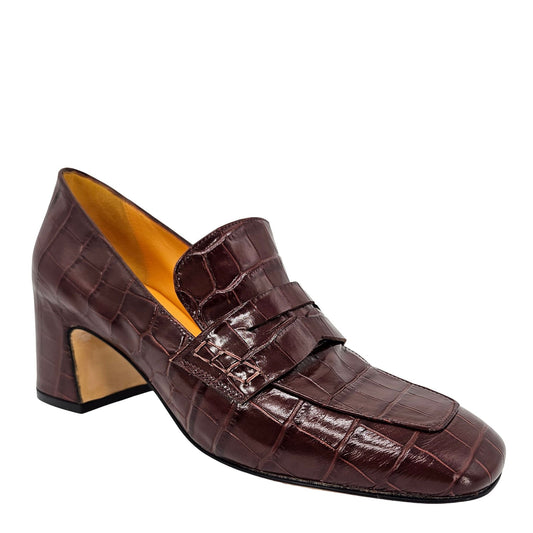 Chocolate Leather Heel Moc Croc Leather Loafer