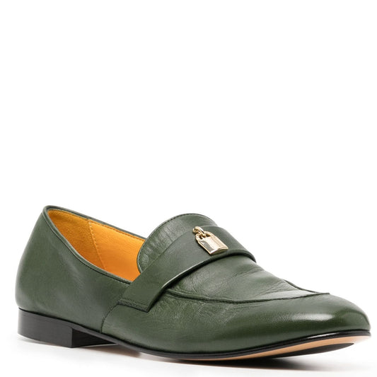 Green Leather Lock Flat Loafer