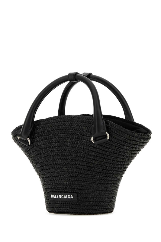 Balenciaga Women Black Straw Mini Beach Handbag