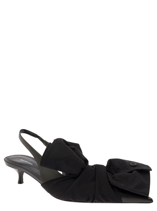 Balenciaga Women Black Slingback Pumps With Knot Detail In Leather And Cotton Woman