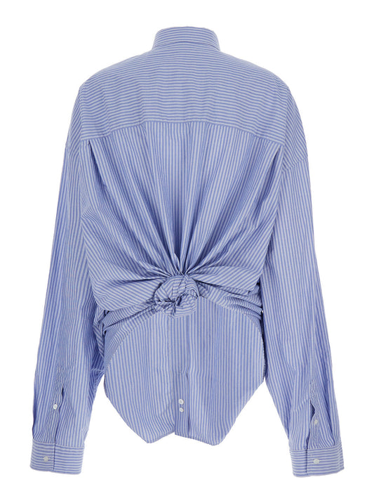 Balenciaga Women Light Blue And White Long Sleeve Shirt With Stripes And Knot On The Back In Cotton Women