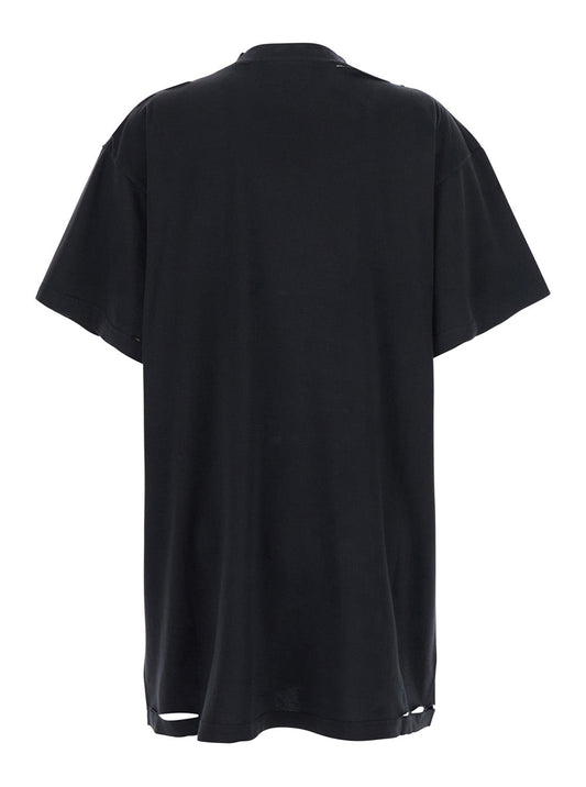 Balenciaga Women Black T-Shirt With Logo Printed On The Front And Torn Details In Cotton Woman