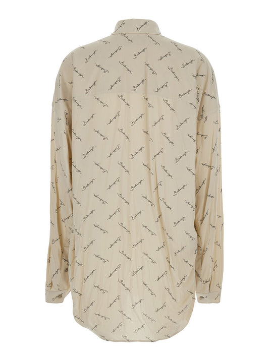 Balenciaga Women Beige Oversized Shirt With All-Over Printed Logo In Viscose Woman