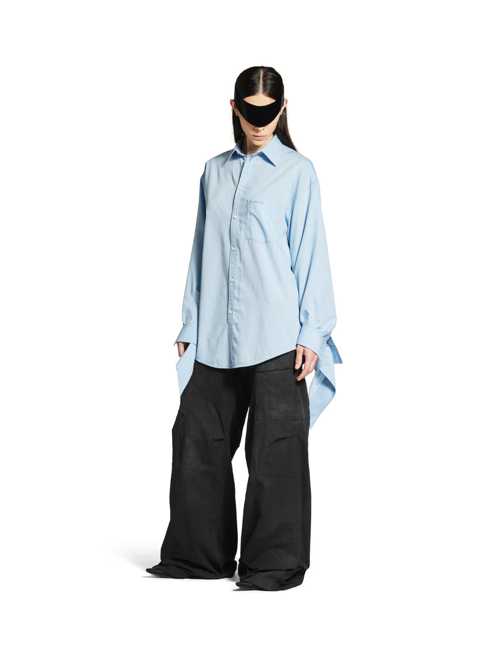 Balenciaga Women Blue Oversized Shirt With Embroidered Logo On The Front And Knotted Cuffs In Viscose Blend Woman