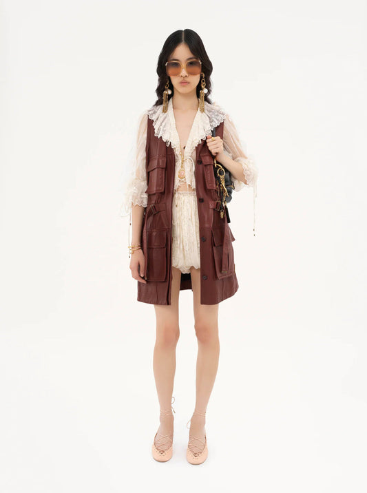 Chloé Women Bordeaux Vest With V Neck And Adjustable Belt In Leather Woman