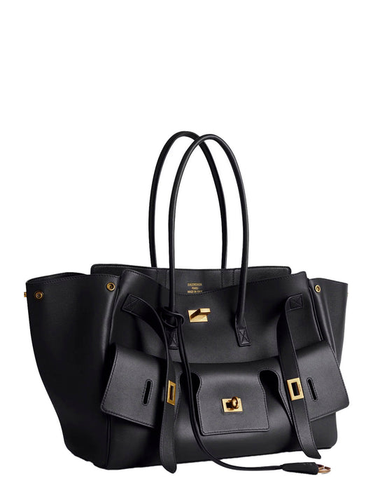 Balenciaga Women 'Bel Air Carry On' Black Medium Tote Bag With Removable Keychain And Two Top Handles In Leather Woman