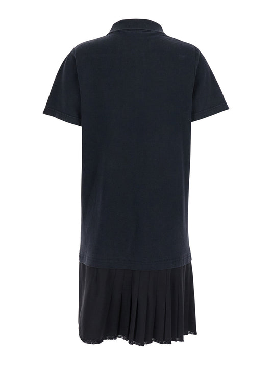 Balenciaga Women Black Layered Dress With Polo Shirt Style Collar And Safety Pin Detail In Cotton Woman
