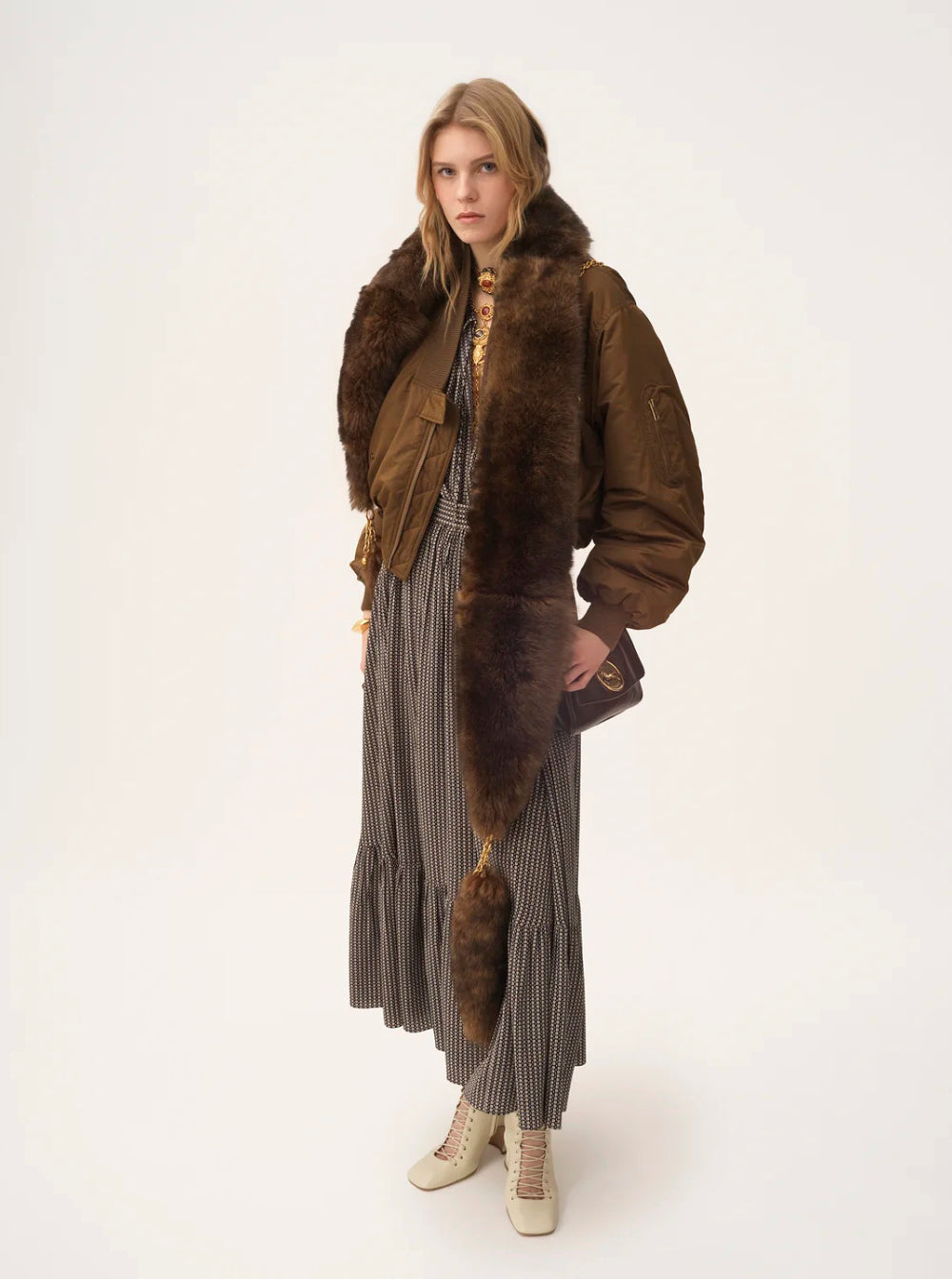 Chloé Women Brown Bomber Jacket With V Neck And Front Zip Closure In Tech Fabric Woman