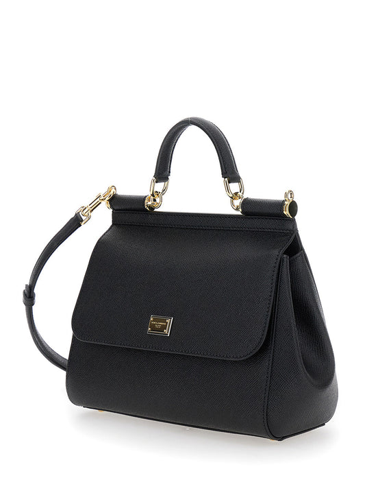 Dolce & Gabbana Women Black Handbag With Adjustable And Removable Shoulder Strap And Logo Plaque On The Front In Grained Leather Woman