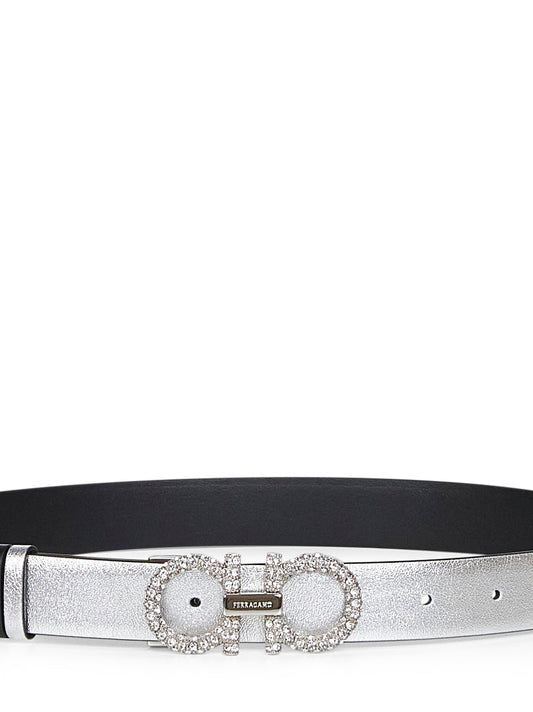 Ferragamo Women Silver Laminated Calf Leather Gancini Belt