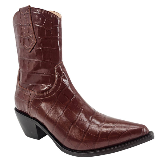 Chocolate Leather Croc Embossed Pointy Ankle Boot