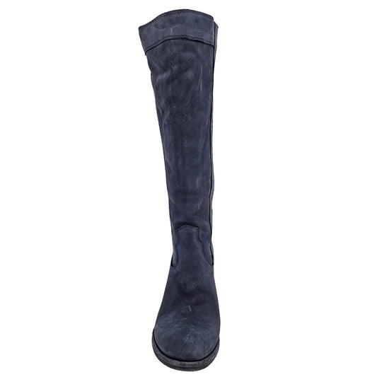 Navy Washed Leather Knee-High Pull-on Boot