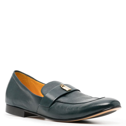 Teal Leather Lock Flat Loafer