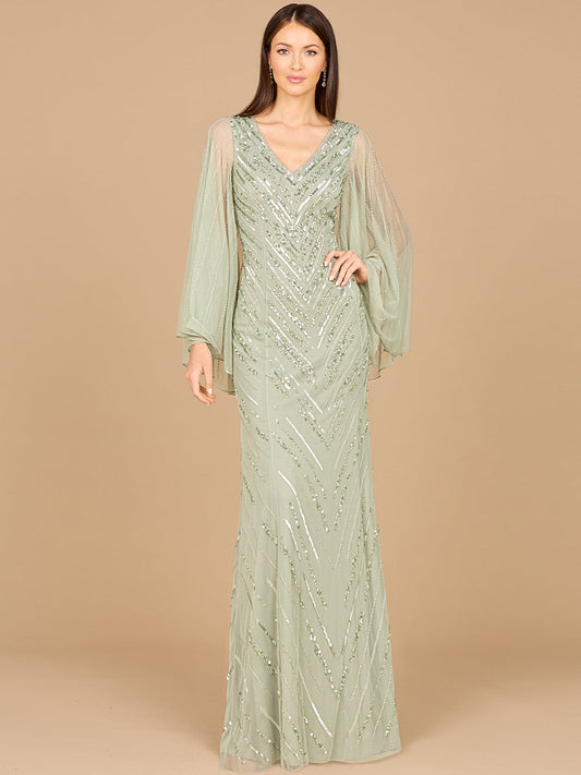 Long Cape Sleeves Beaded Dress - OUTLET