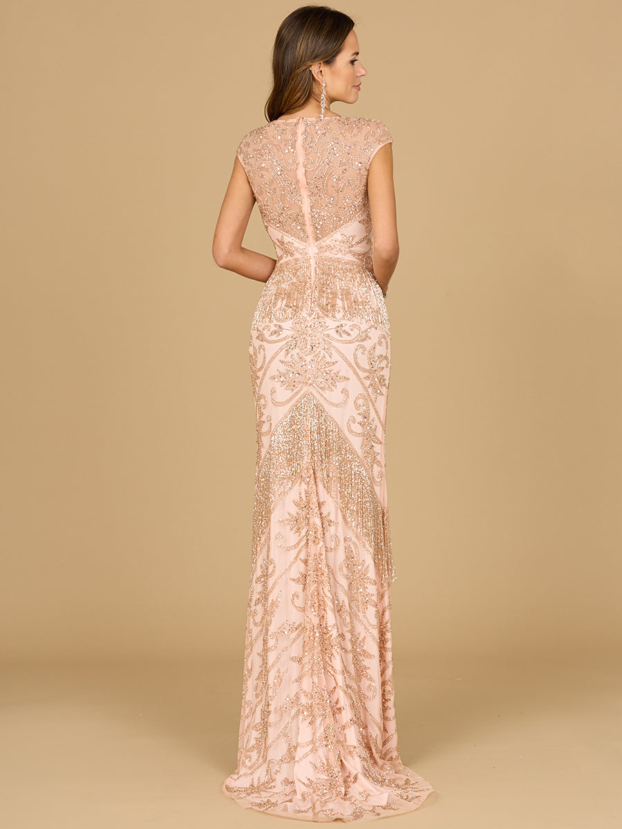 Cap Sleeve Beaded Gown with Fringe