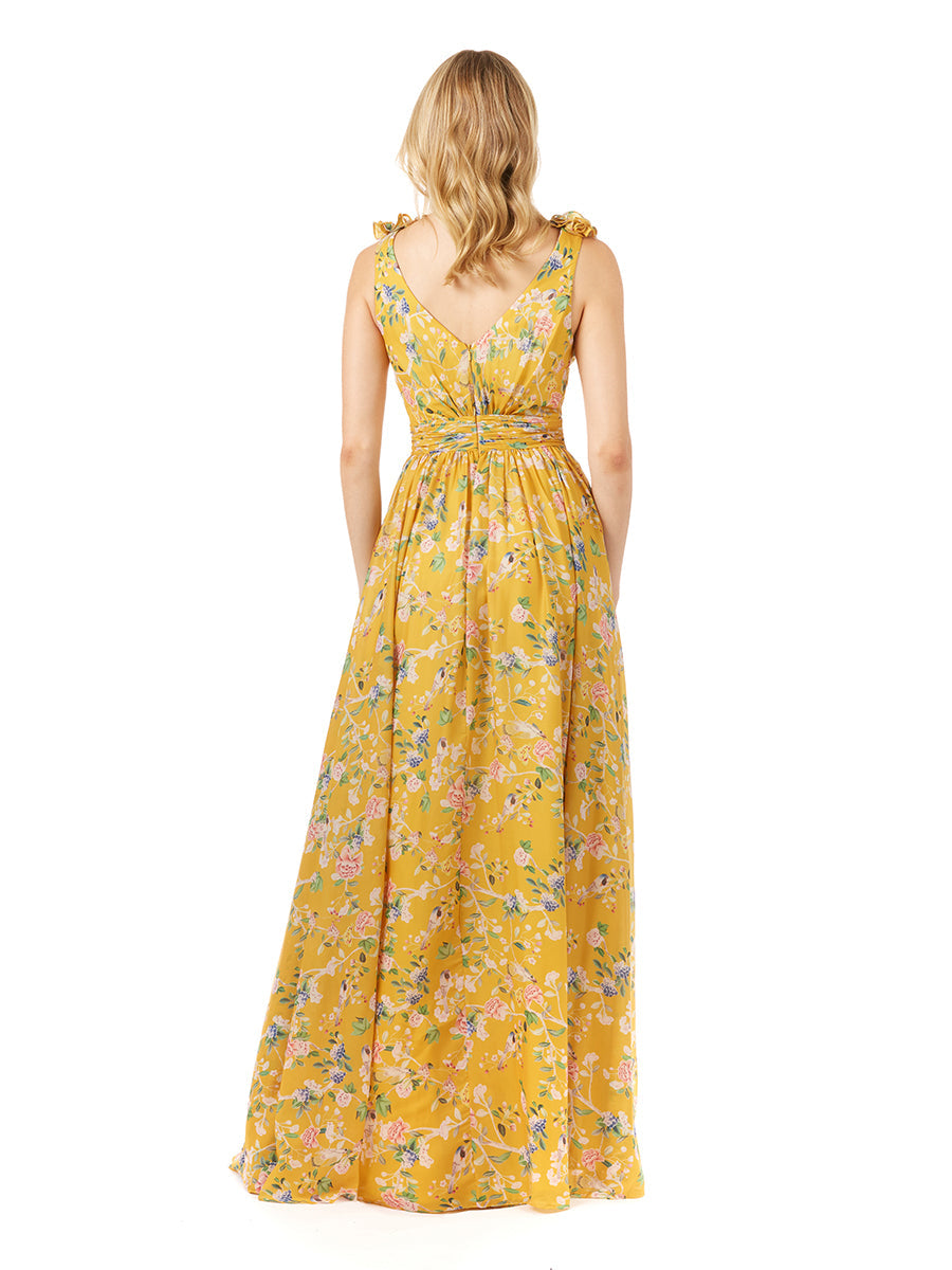 V-Neck Long Print Gown with Straps