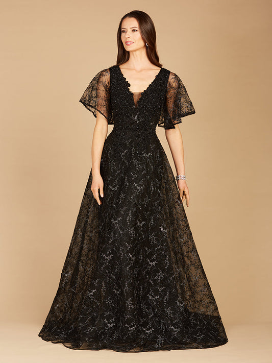 Cape Sleeve Beaded Gown in Black - OUTLET