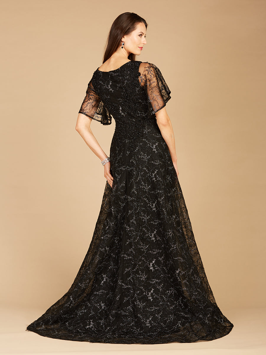 Cape Sleeve Beaded Gown in Black - OUTLET