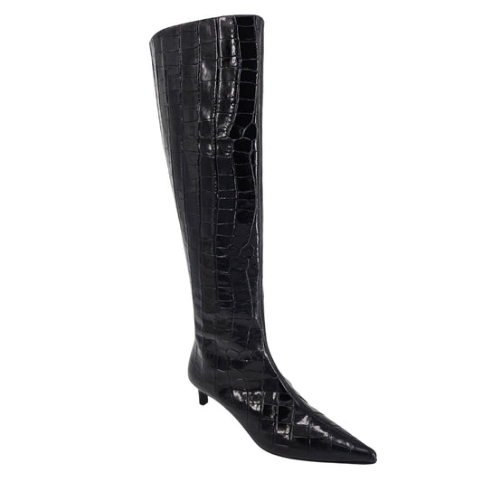 Black Tall Moc Croc Pointy Toe Kitten Heel Boot
