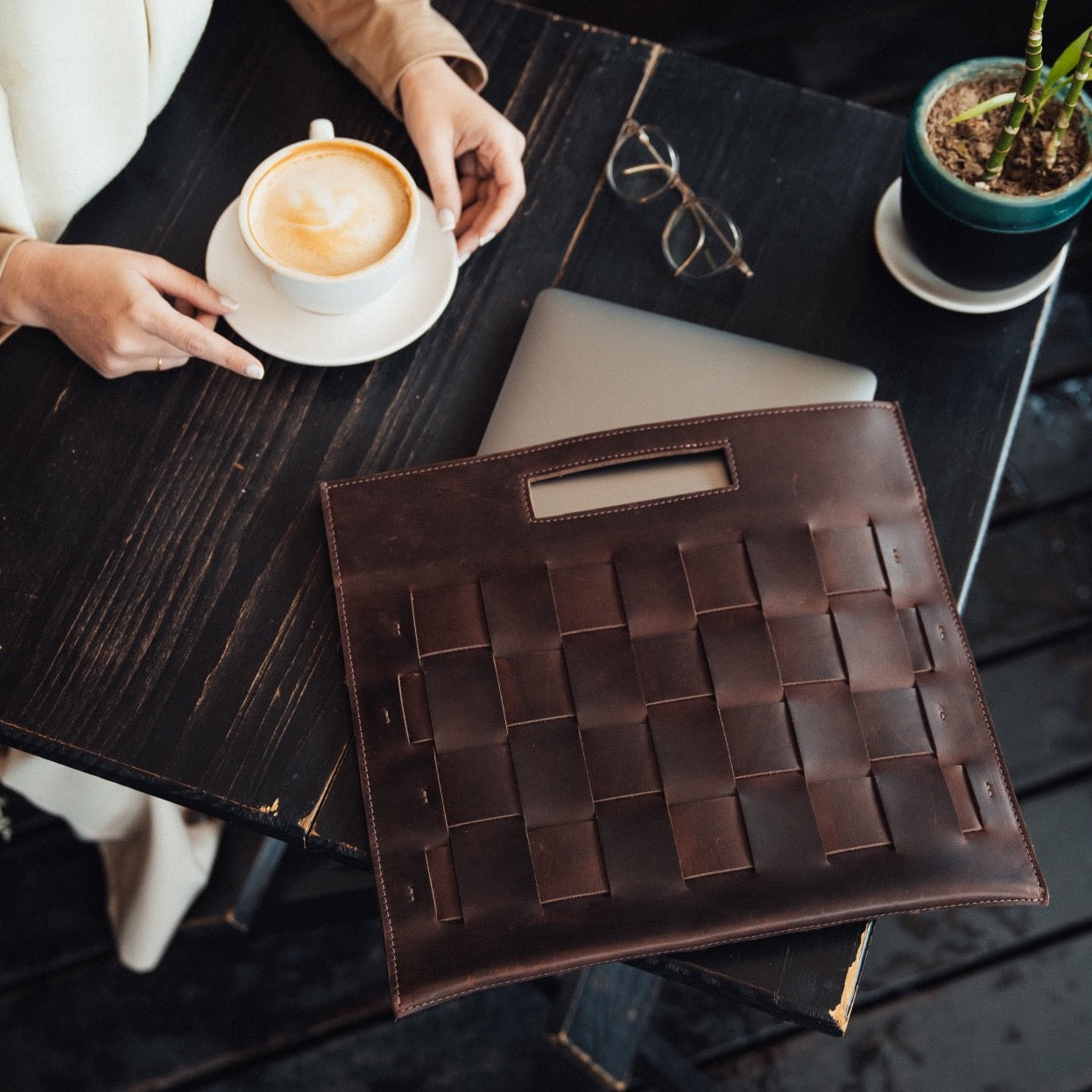 Woven Laptop Clutch in Walnut