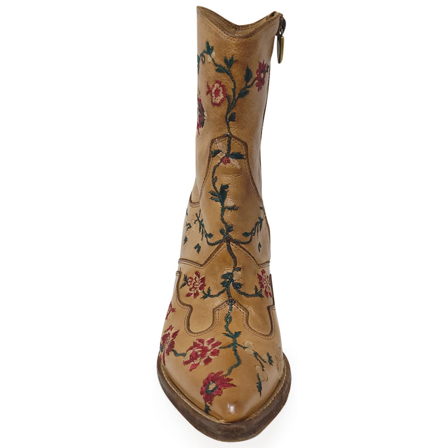 Tan Leather Embroidered Ankle Boot