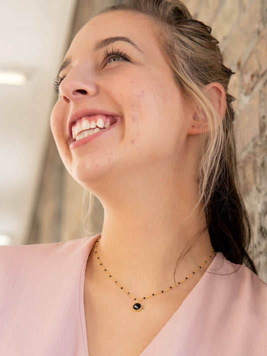 Black Beaded Gold Drop Necklace