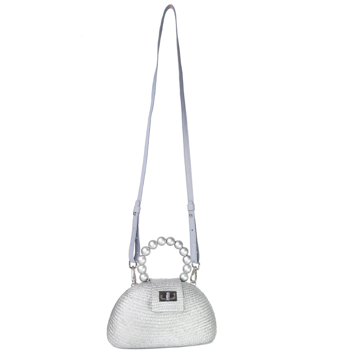 THE ORLA Silver Woven Straw & Wooden Bead Statement Clutch Bag