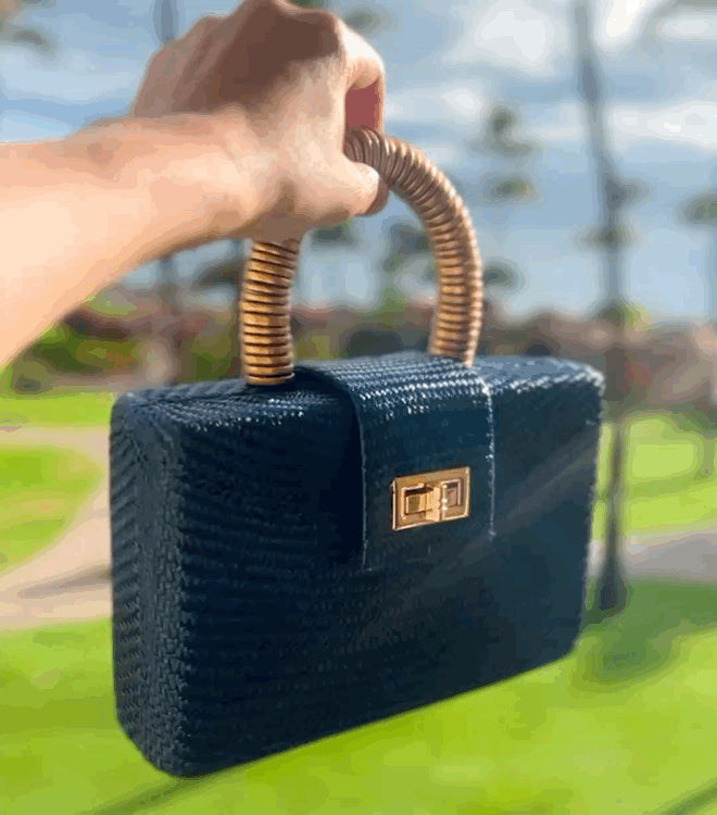 THE GRACIE Navy Blue & Gold Woven Buntal Straw Clutch Bag