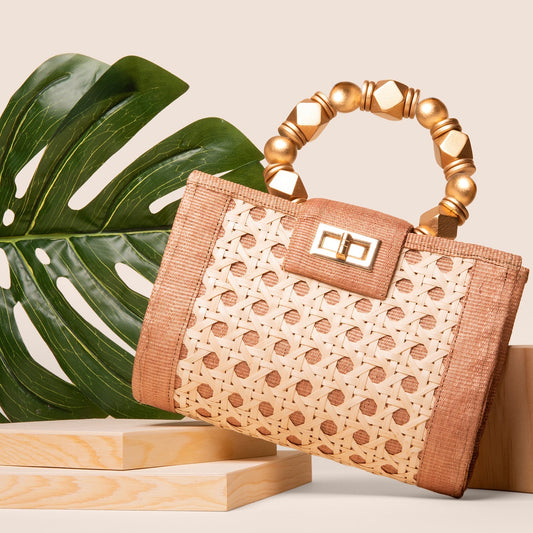 THE MILA Tan & Gold Rattan Woven Handbag