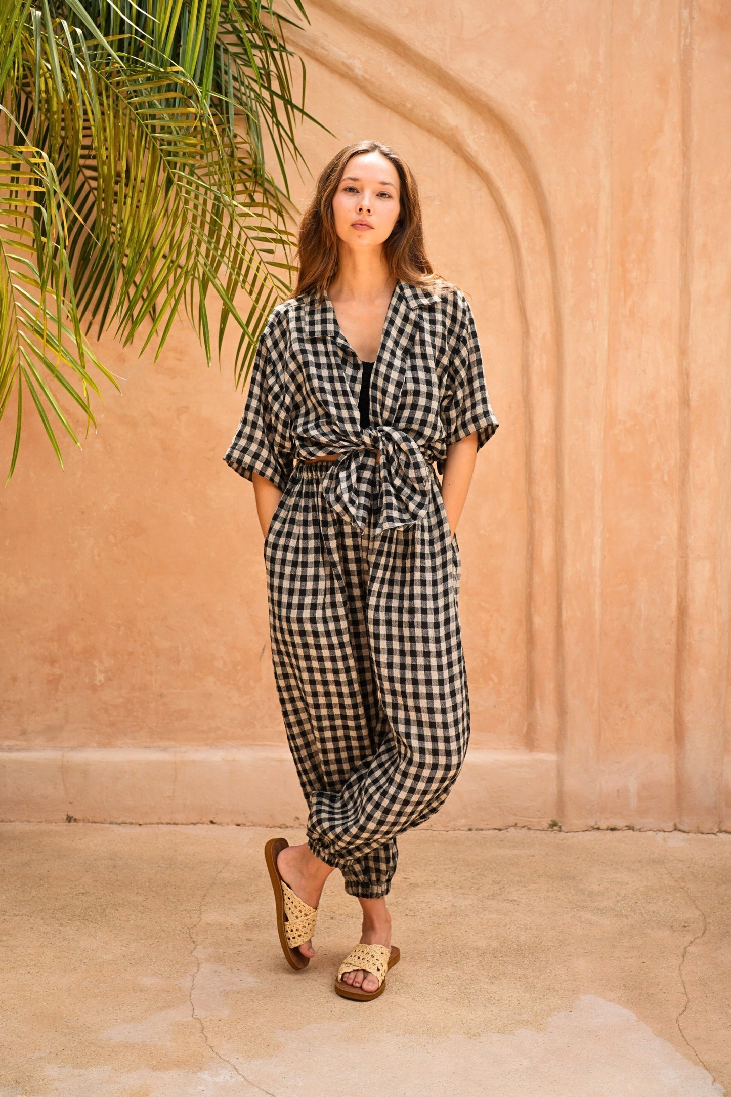 Vanessa Linen Gingham Balloon Pants in Black