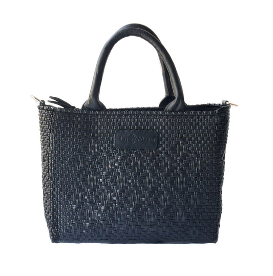 All Black Small Woven Crossbody Bag - Black Leather