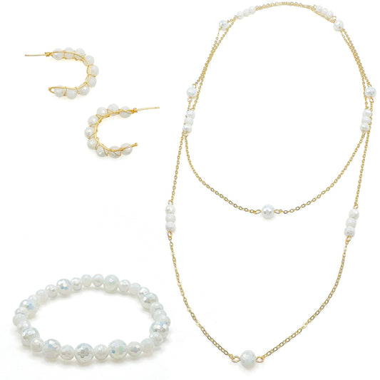 Cupid Bracelet White Pearlescent Crystal Beads Two Sizes On Stretch Cord Exclusive Collection