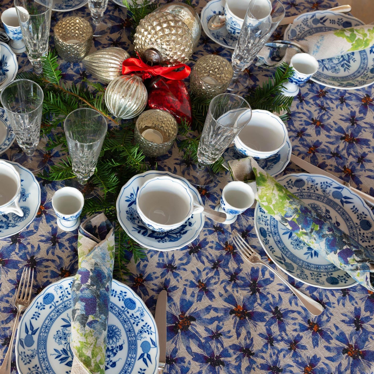 Organic Linen Tablecloth in Blue Harem