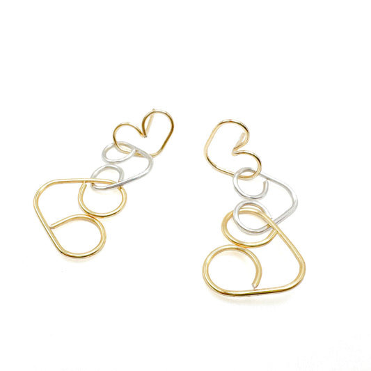 Intertwined Handcrafted Gold And Silver Wire Heart Earrings Limited Edition Cascade