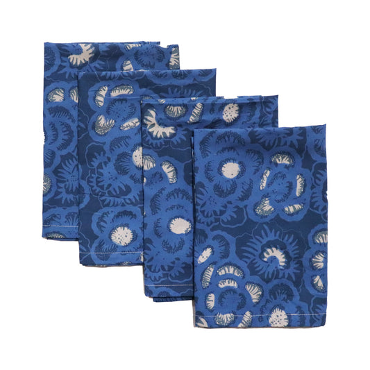 Batik Cloth Napkin Set of Four, Blue Roses, Hand Dyed, 100% Cotton