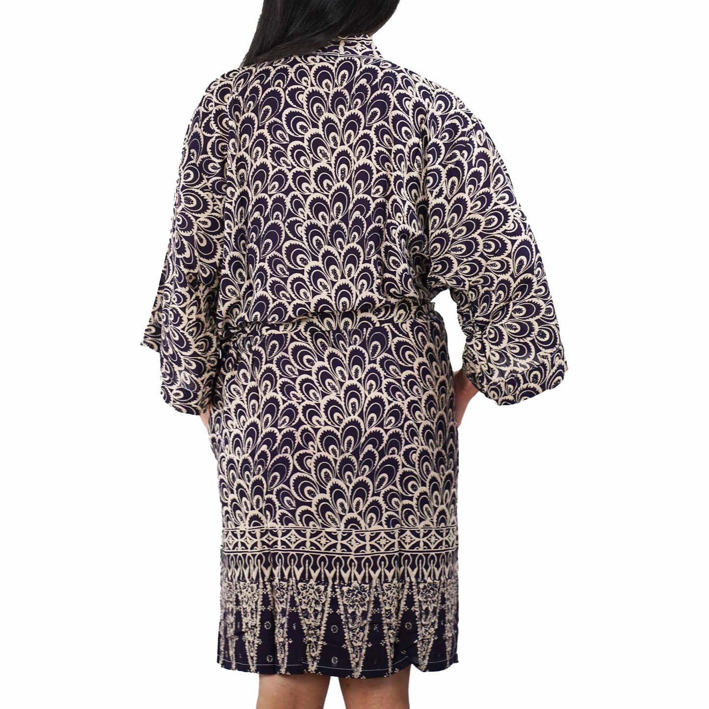 Handmade Batik Robe Kimono, 100% Cotton Soft, Hand Dyed, Black Gray Peacock