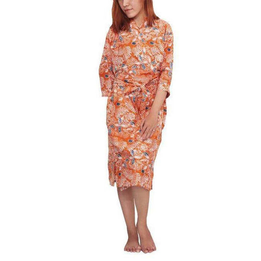 Handmade Batik Robe Kimono, Orange Carnelian, Hand Dyed, 100% Cotton, Clementine