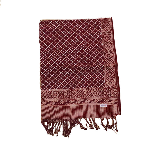 Handmade Batik Scarf - soft Cotton, Crimson Cross, Red Burgundy, Auburn