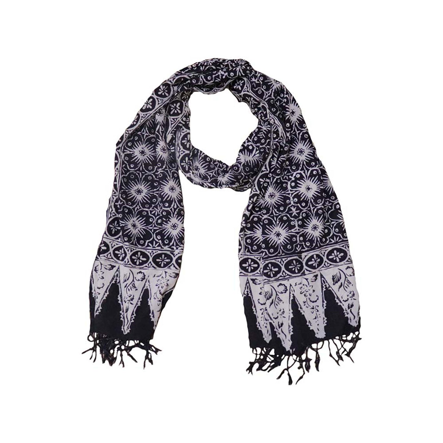 Handmade Batik Scarf - Cotton - Hibiscus Flower, Black, White