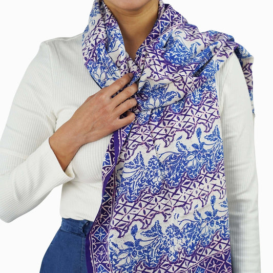 Handmade Batik Scarf - soft Cotton - Vines in Navy Blue