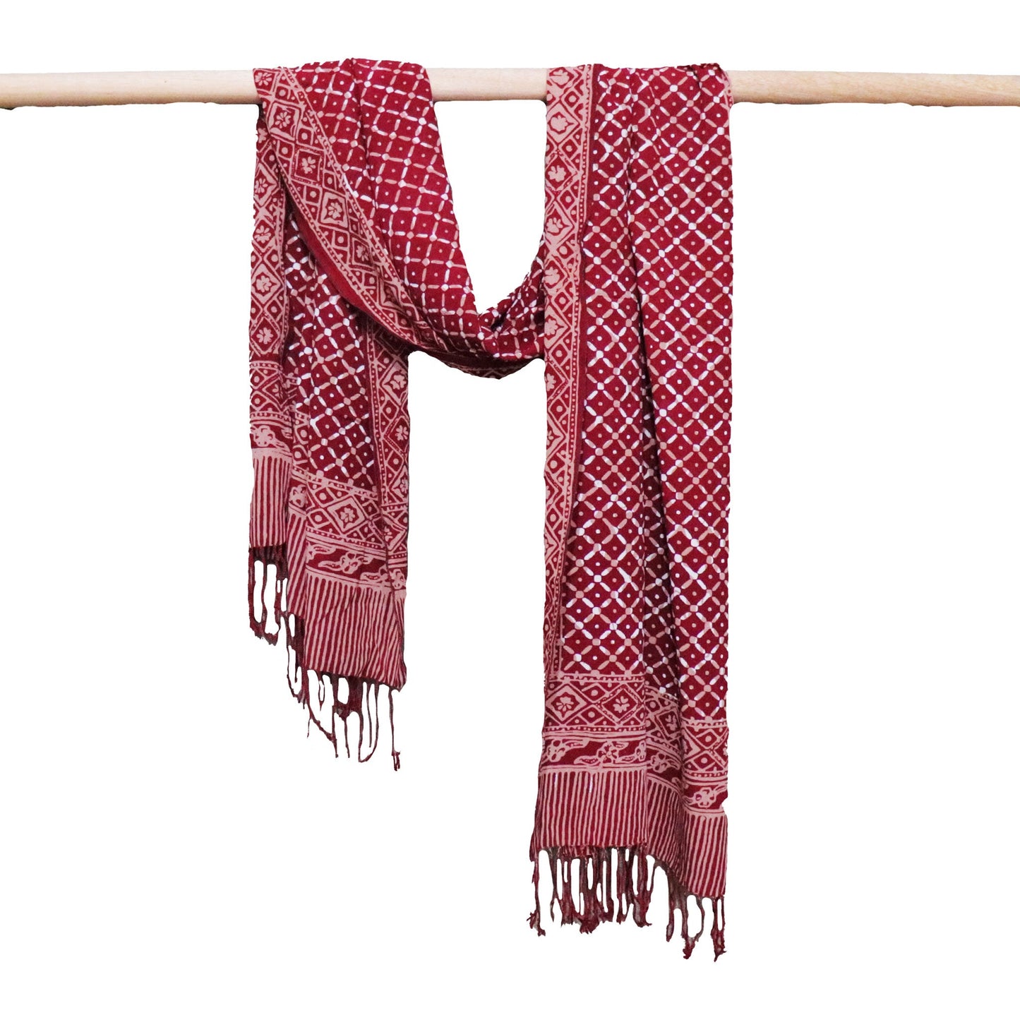 Handmade Batik Scarf - soft Cotton, Crimson Cross, Red Burgundy, Auburn