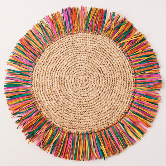 Pahiyas Woven Raffia Fringe Placemats Multi Rainbow, Set of 2