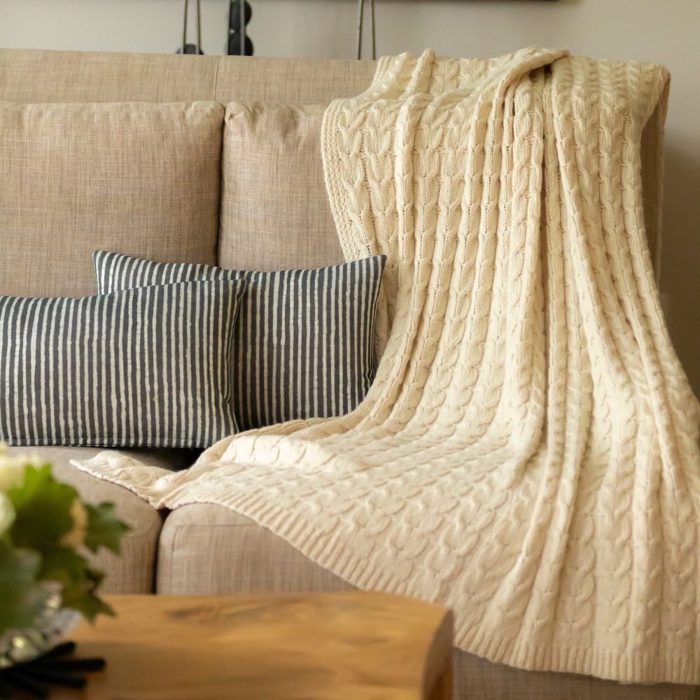 Muru Collection - Pima Cotton & Undyed Baby Alpaca Ivory Cable Throw