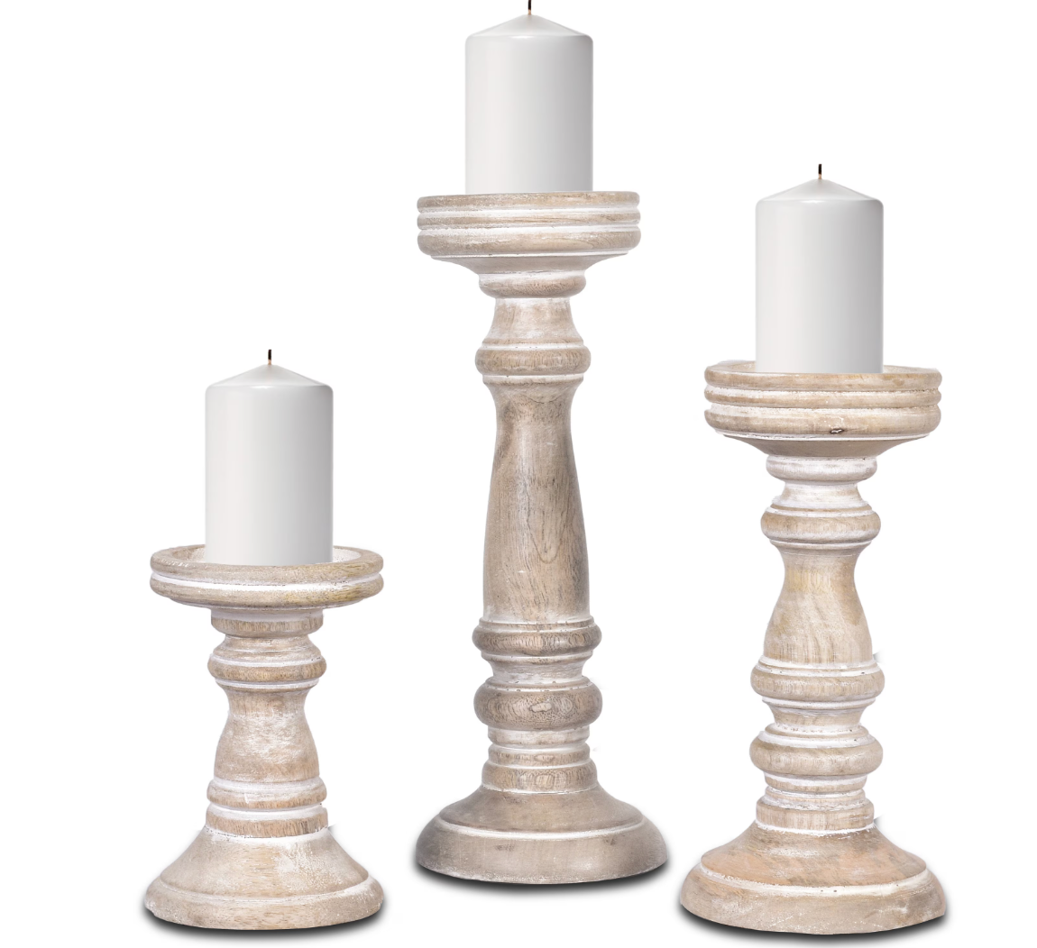 Chennai Pillar Candleholder Set - Whitewash