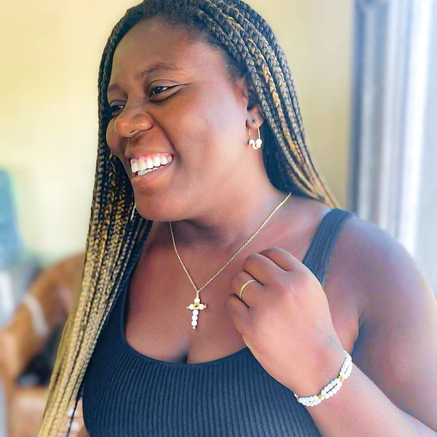 White Jade Beads Gold Plated Hoop Earrings With 7mm Beads Limited Edition Timeless Elegance