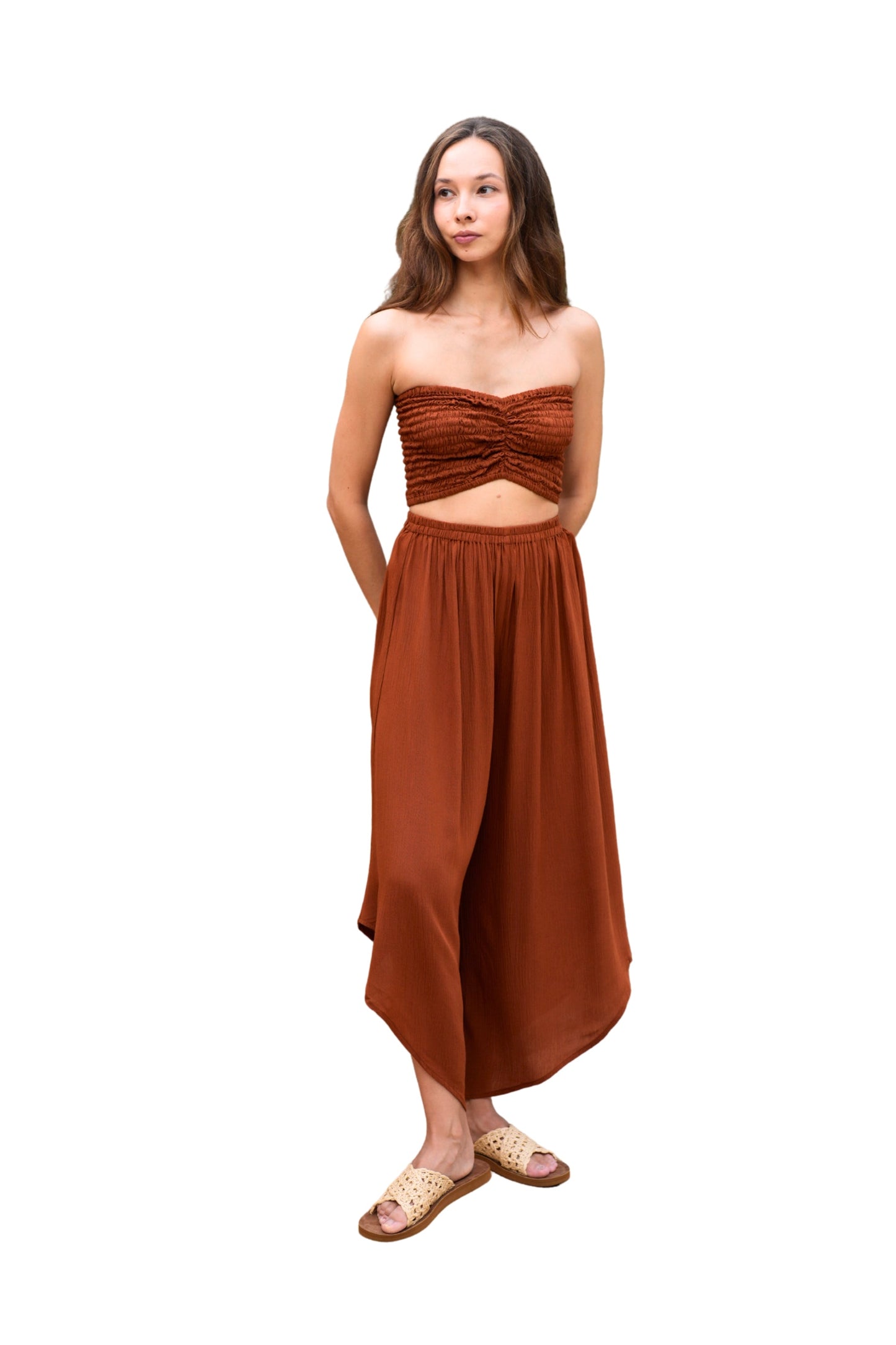 Winona Smocked Tube Top & Asymmetrical Pants Set in Terracotta